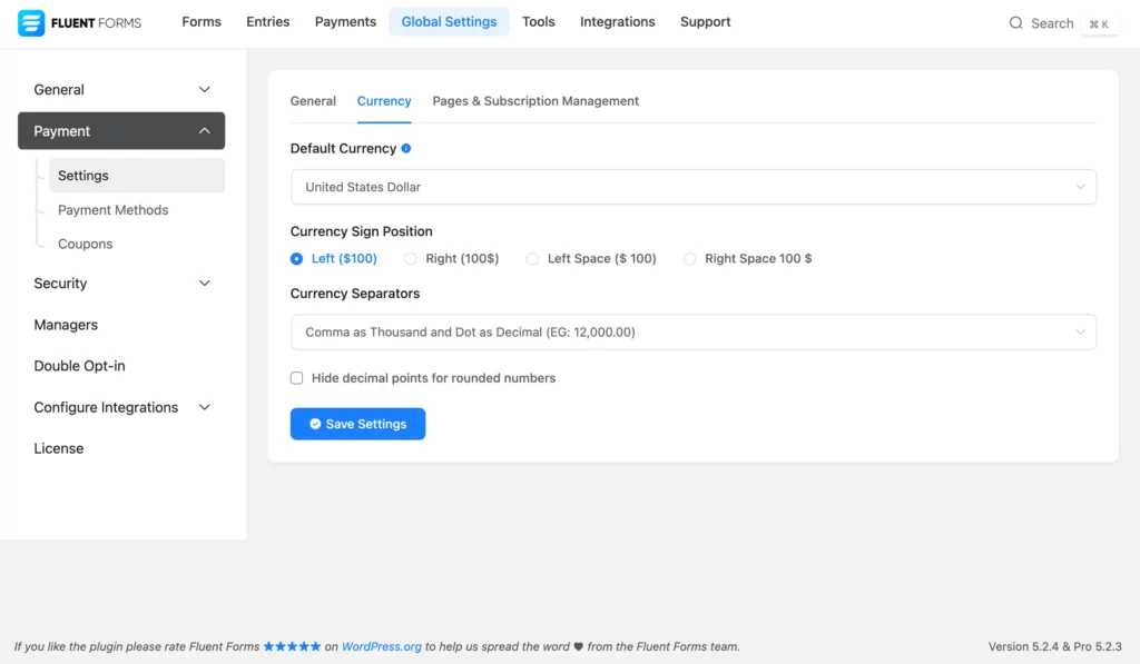 Customizing currency in Fluent Forms payment